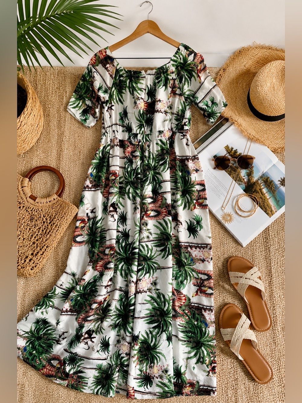 Jaase World XL Tropical Hawaiian Maxi Dress Palm Tree Novelty Print Pockets